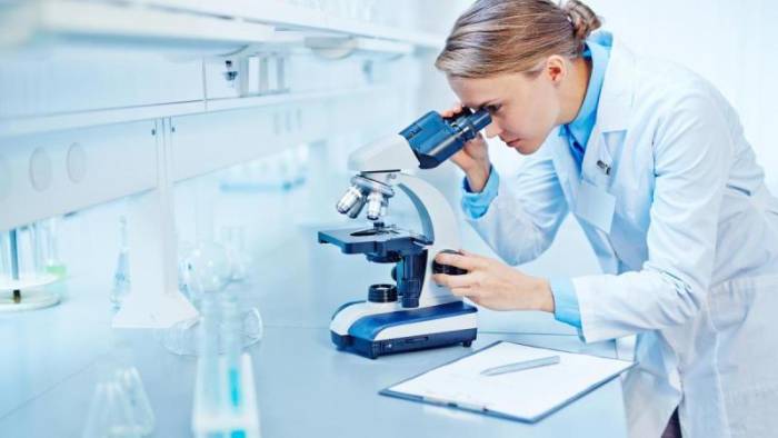 женщина смотрит в микроскоп